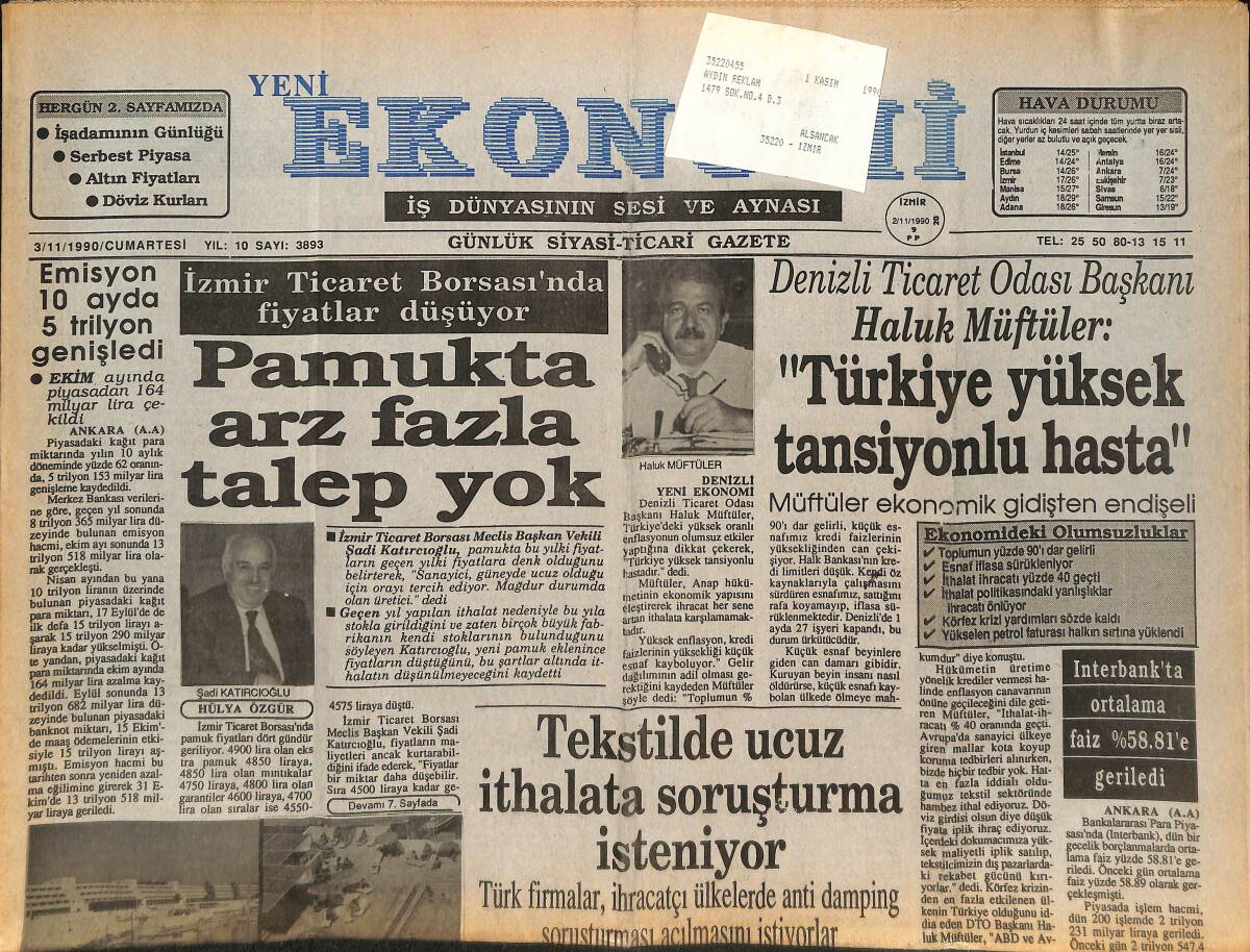 Yeni Ekonomi Gazetesi 3 Kasım 1990 - Ege Turizm'in Umudu ABD Askerleri - Asil Nadir 