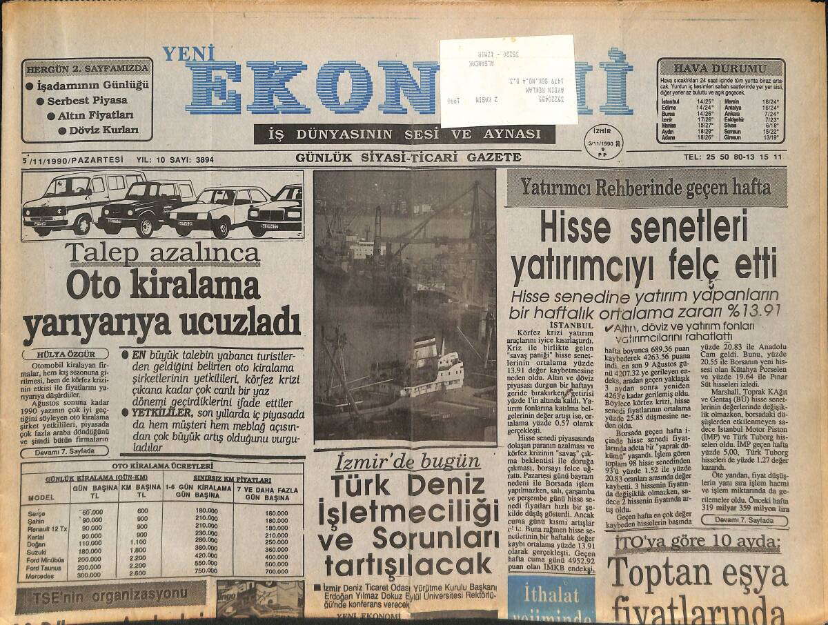 Yeni Ekonomi Gazetesi 5 Kasım 1990 - Hisse Senetleri Yatırımcıları Felç Etti - İzmir'de Türk Deniz İşletmeciliği Ve Sorunları Tartışılacak GZ134268 - 1