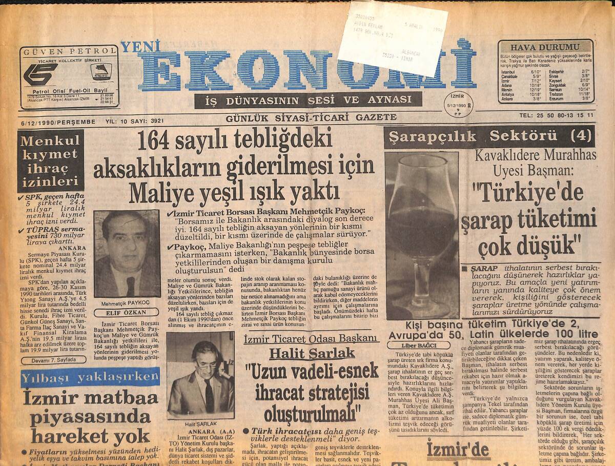 Yeni Ekonomi Gazetesi 6 Aralık 1990 - Türkiye'de Şarap Tüketimi Çok Düşük - Fiskobirlik İhracat Yapamıyor GZ134693 - 1