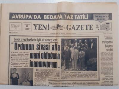 Yeni Gazete - 16 Haziran 1969 - Bayar Ordunun Siyasi Affa Mani Olduğuna İnanmıyorum GZ112030 - 1