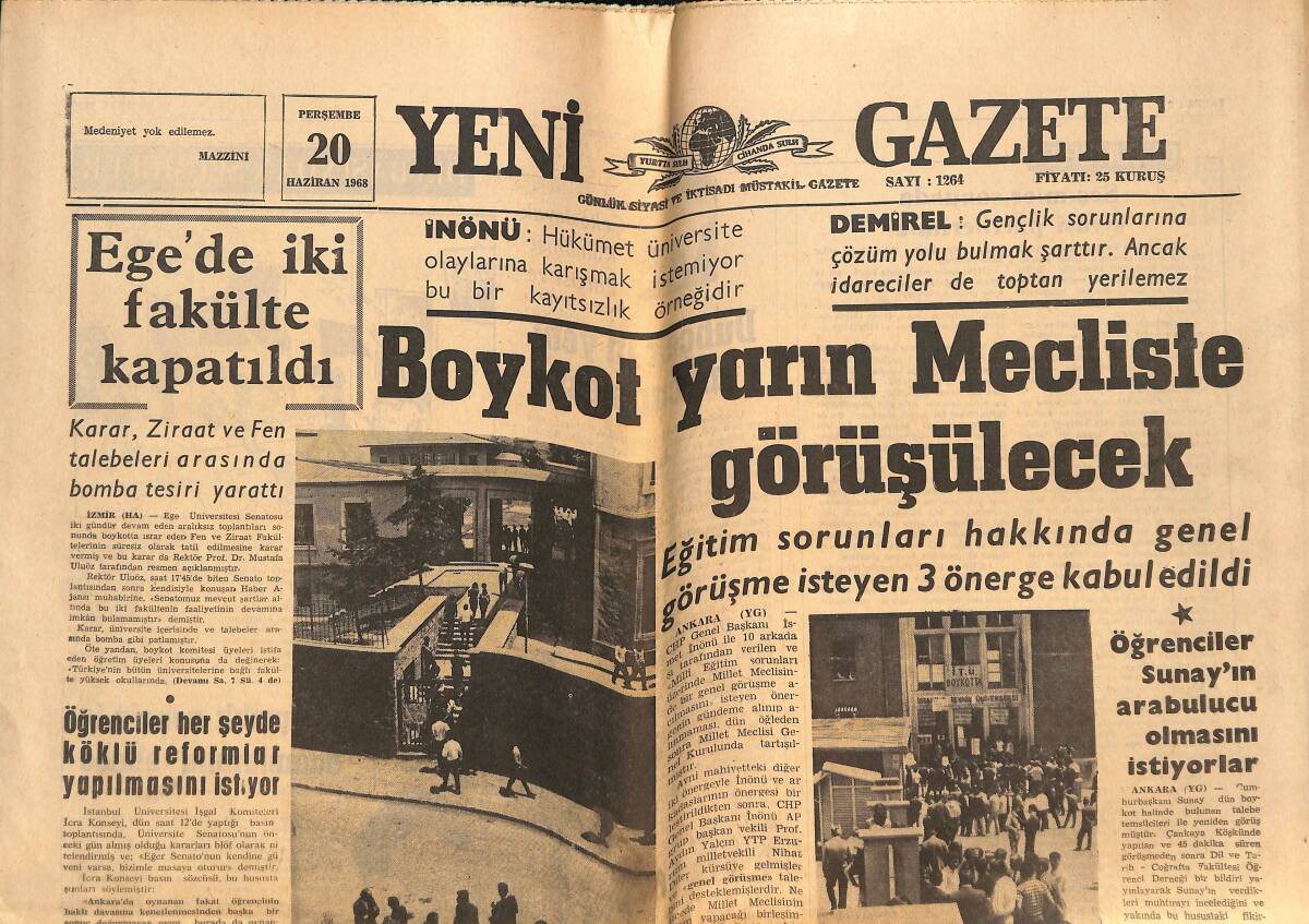 Yeni Gazete 20 Haziran 1968 - Boykot Yarın Mecliste Görüşülecek - Borolar, Çankaya Köşkünde Cevdet Sunay'ı Ziyaret Ettiler! GZ146332 - 1