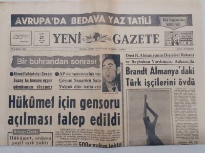 Yeni Gazete - 23 Mayıs 1969 - Hükümet İçin Gensoru Talep Edildi GZ111998 - 1