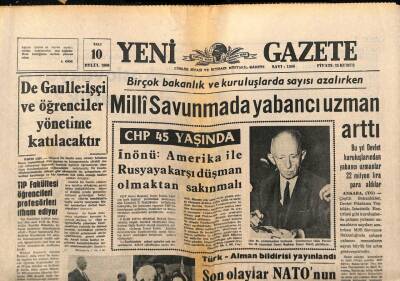Yeni Gazete Gazetesi 10 Eylül 1968 - De Gaulle İşçi Ve Öğrenciler Yönetime Katılacaktır GZ91351 - 1