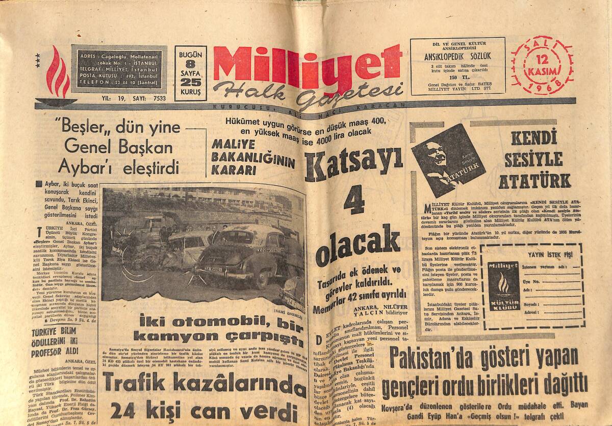Milliyet Gazetesi 12 Kasım 1968 - Nixon'u Vurmak İsteyen 3 Arap Resmen Suçlandı - Metin Tekrar Milli Takımda GZ146401 - 1