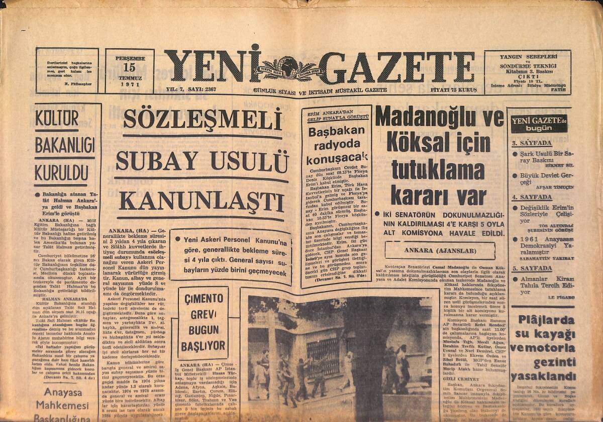 Yeni Gazete Gazetesi 15 Temmuz 1971 - Fas'ta Devlet Güvenlik Mahkemesi Kuruluyor GZ158750 - 1