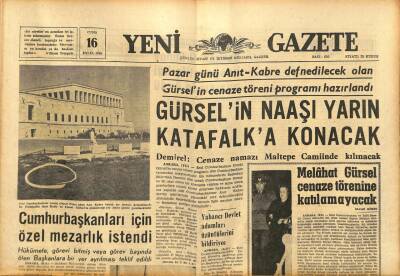 Yeni Gazete Gazetesi 16 Eylül 1966 - Gürselin Naaşı Yarın Katafalka Konulacak GZ91302 - 1