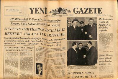 Yeni Gazete Gazetesi 17 Kasım 1964 - Sunay`ın Partilerle İlgili İkaz Mektubu Ankara`yı Karıştırdı GZ79864 - 1