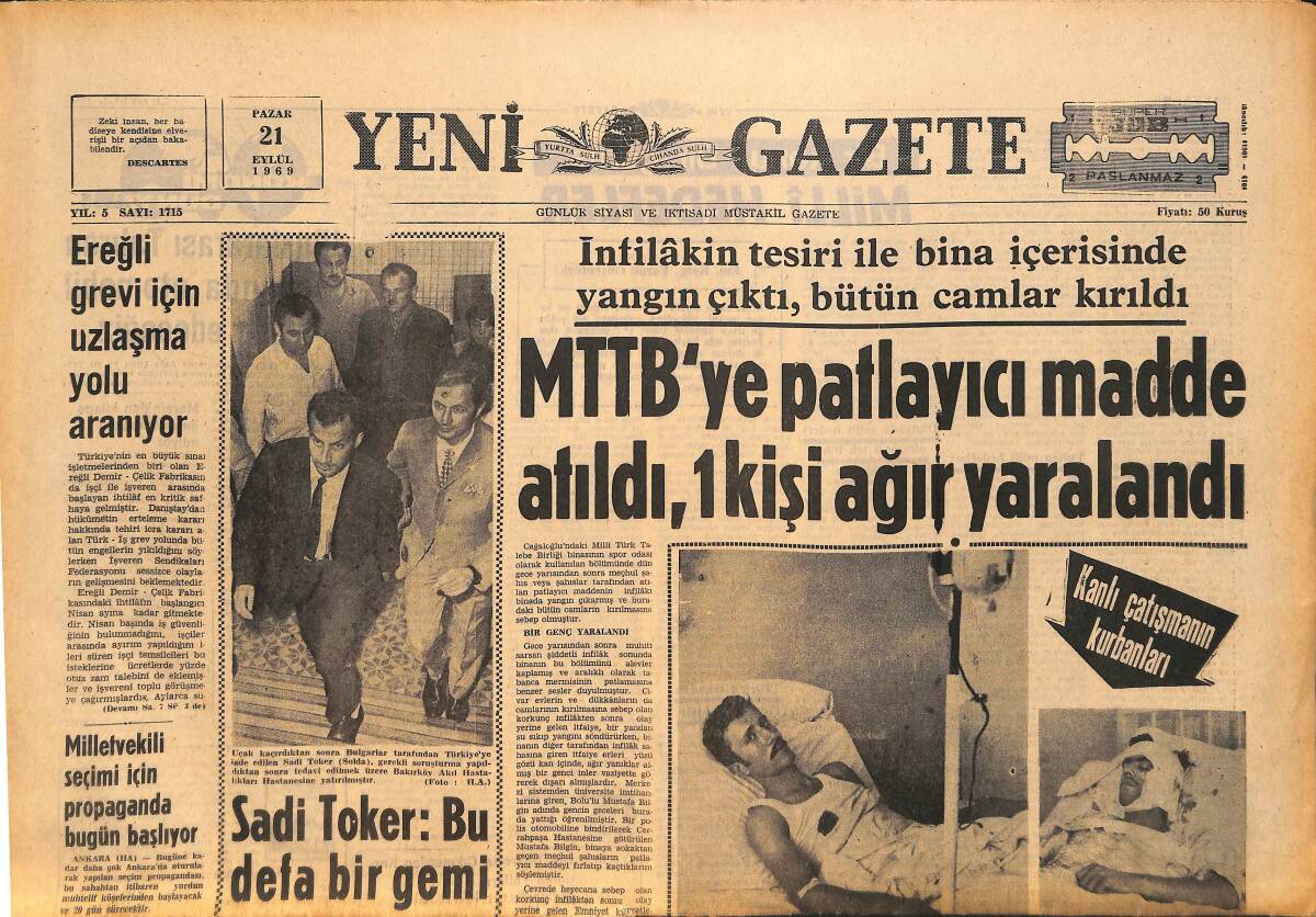 Yeni Gazete Gazetesi 21 Eylül 1969 - Ereğli Grevi İçin Uzlaşma Yolu Aranıyor - Alp Reel'in Ölümüne Akciğer Zarındaki İltihaplanma Yol Açtı GZ157798 - 1