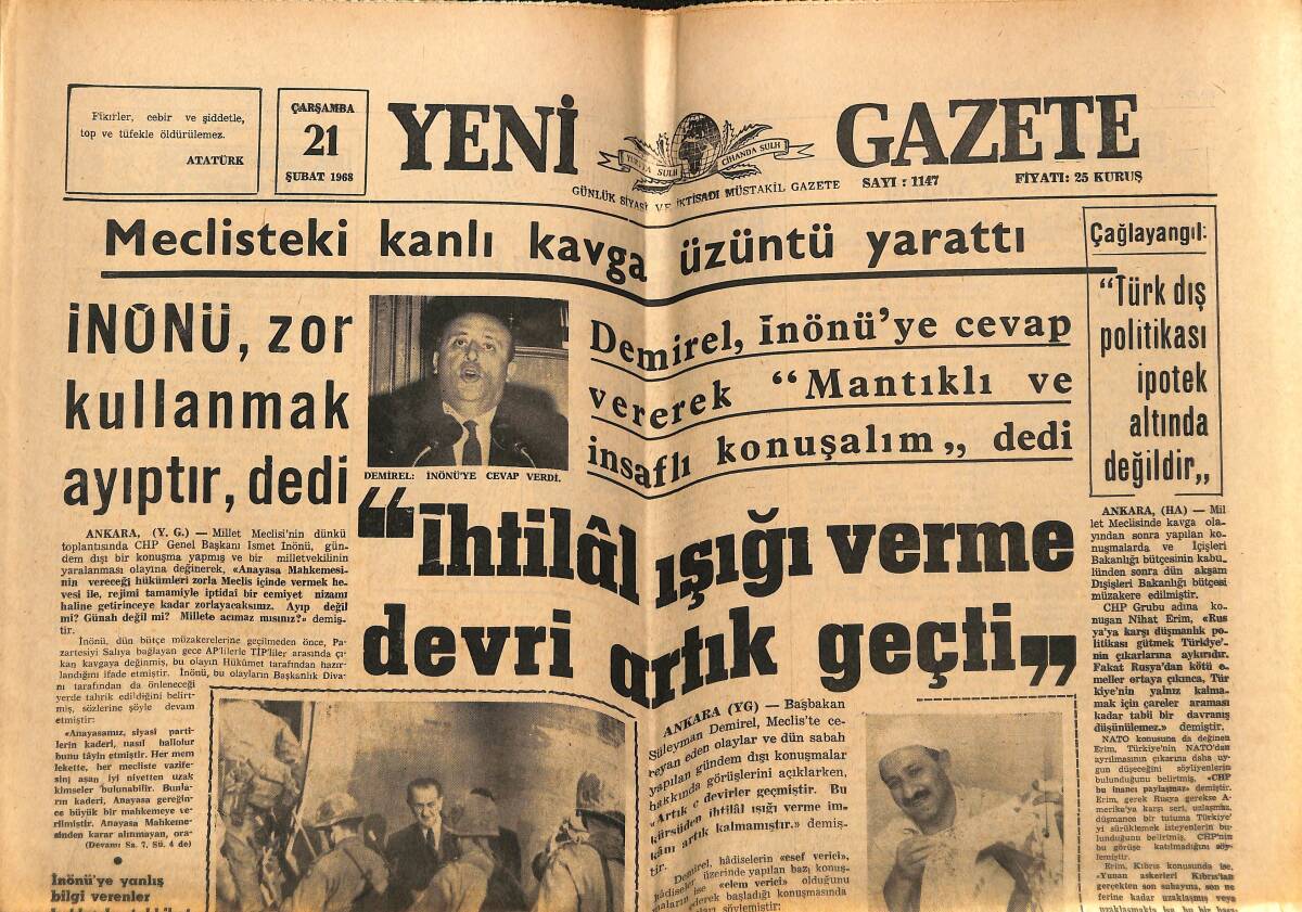 Yeni Gazete Gazetesi 21 Şubat 1968 - F-5 Filoları Tamamlandı - İstanbul'da 88 Deprem Kaydedildi GZ148744 - 1