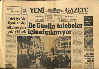 Yeni Gazete Gazetesi 22 Mayıs 1968 - De Gaulle Talebeler İçin Af Çıkarıyor GZ91248 - 1