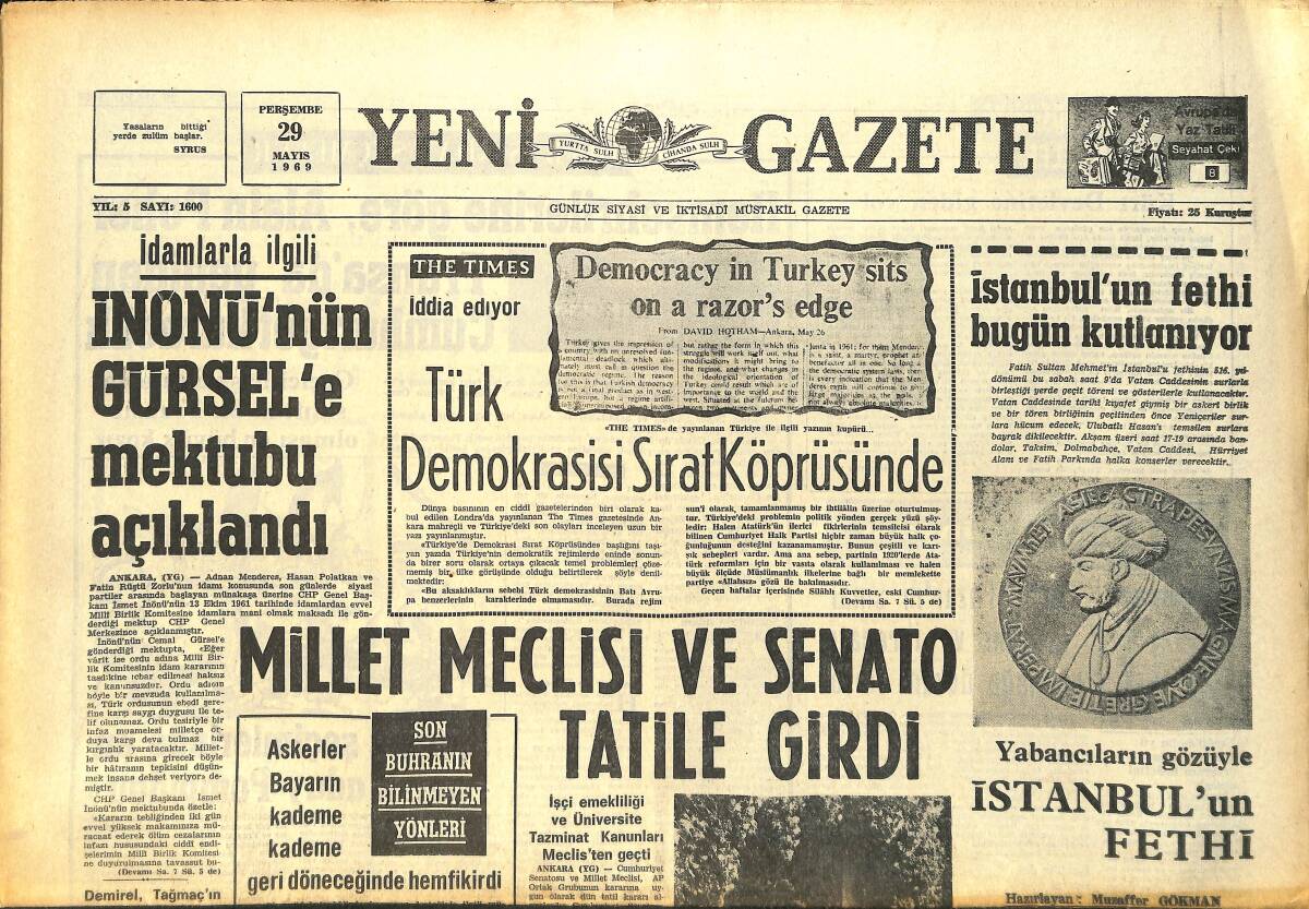 Yeni Gazete Gazetesi 29 Mayıs 1969 - Galatasaray Yarı Finalde - Irak'ta Tamamen Muhtar Bir Kürt Devleti Kuruluyor GZ157564 - 1