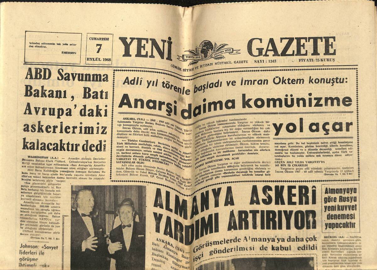 Yeni Gazete Gazetesi 7 Eylül 1968 - Almanya Askeri Yardımı Artırıyor - Makarios , Rum Bakanlarla Toplantı Yaptı GZ148840 - 1
