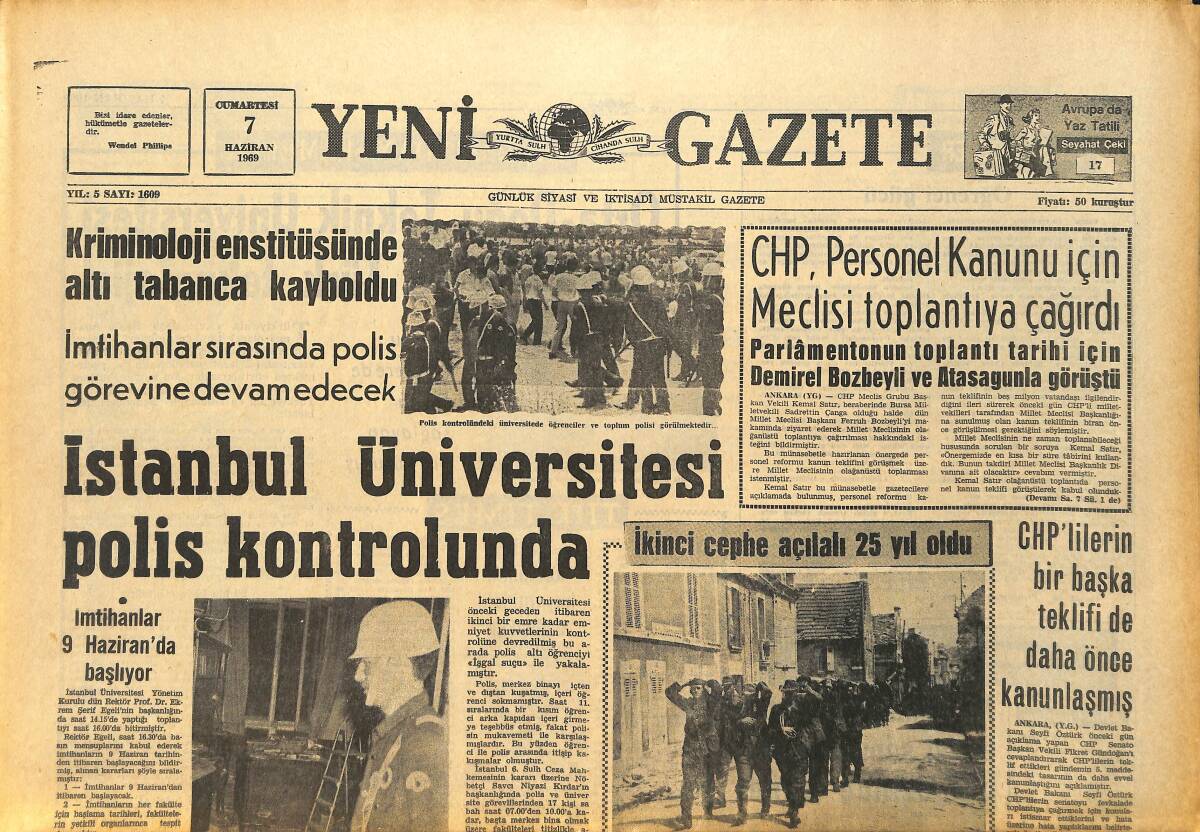 Yeni Gazete Gazetesi 7 Haziran 1969 - İstanbul Üniversitesi Polis Kontrolünde - F. Sinatra 4. Defa Evleniyor - Galatasaray Finalde GZ157561 - 1