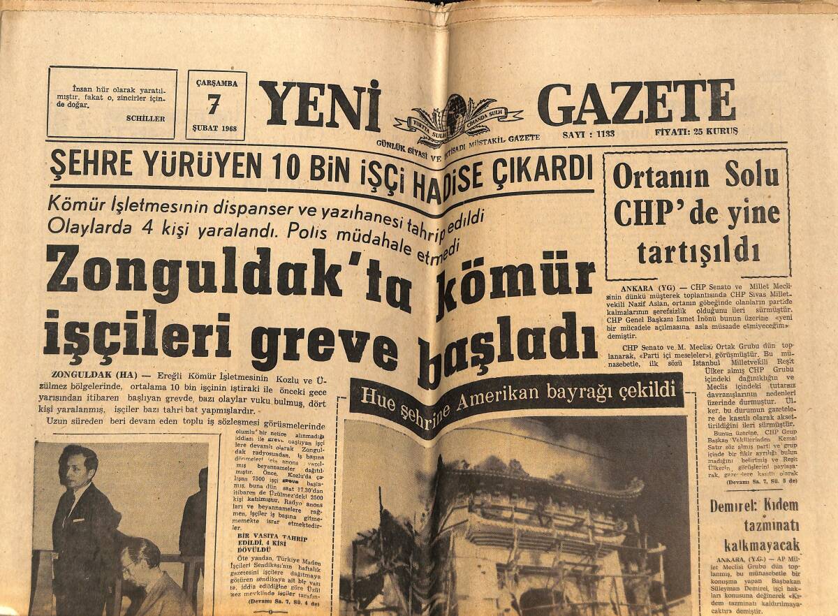 Yeni Gazete Gazetesi 7 Şubat 1968 - Hue Şehrinde Amerikan Bayrağı Çekildi - Festival Birincisi Brezilyalı Genç Şarkıcı Roberto Carlos GZ148934 - 1