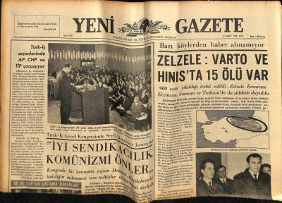 Yeni Gazete Gazetesi 8 Mart 1966 - Zelzele Varto Ve Hınısta 15 Ölü Var GZ74978 - 1