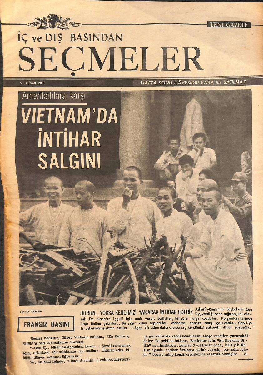 Yeni Gazete Gazetesi İç Ve Dış Basından Seçmeler Eki 5 Haziran 1966 - Vietnam'da İntihar Salgını GZ160803 - 1