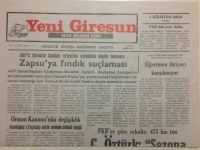 Yeni Giresun Gazetesi 1 Ağustos 2003 - Cüneyt Zapsuya Fındık Suçlaması GZ38232 - 1