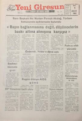 Yeni Giresun Gazetesi 1 Aralık 1992 Baro Başkanı AkdağBaşın Bağlanmasına Değil,Düşüncelerin Baskı Altına Alınışına Karşıyız GZ25539 - 1