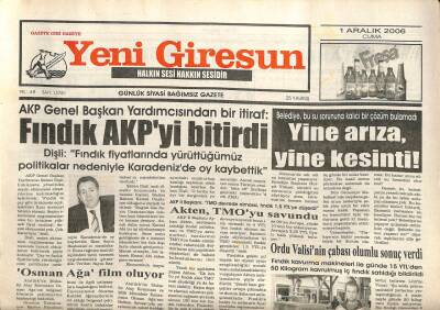Yeni Giresun Gazetesi 1 Aralık 2006 - Fındık AKPyi Bitirdi GZ101815 - 1