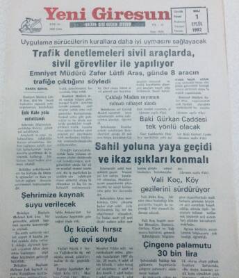 Yeni Giresun Gazetesi 1 Eylül 1992 - Şehrimize Kaynak Suyu Verilecek GZ40733 - 1