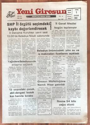 Yeni Giresun Gazetesi 1 Kasım 1991 - SHP İl Örgütü Seçimdeki Kaybı Değerlendirecek GZ1792 - 1