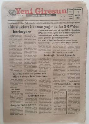 Yeni Giresun Gazetesi 1 Kasım 1993 - Muslukları Tıkanan Yağmacılar SHPden Korkuyor GZ31063 - 1