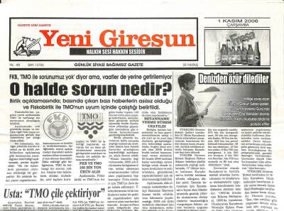 Yeni Giresun Gazetesi 1 Kasım 2006 - Ordu Valisinin İhale İsyanı GZ107934 - 1