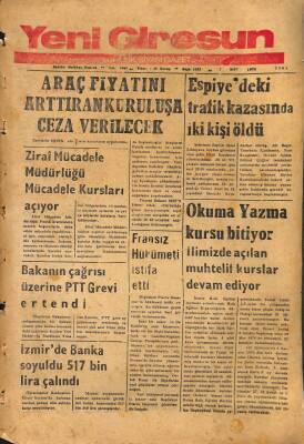 Yeni Giresun Gazetesi 1 Mart 1974 - Araç Fiyatını Arttırana Ceza Verilecek GZ108512 - 1