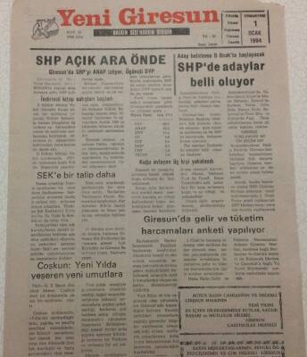 Yeni Giresun Gazetesi 1 Ocak 1994 - SHP Açık Ara Önde, SHPde Adaylar Belli Oluyor GZ38211 - 1