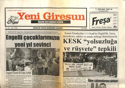 Yeni Giresun Gazetesi 1 Ocak 2014 - Asgari Ücret 43 Lira Arttı GZ101937 - 2