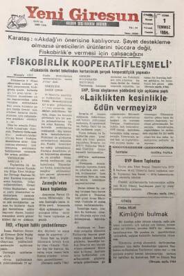 Yeni Giresun Gazetesi 1 Temmuz 1994Muhtarlar Derneği Başkanı Niyazi KarataşFiskobirlik Devlet Tekeliden Kurtarılarak Gerçek Bir Koperatifçilik Yapmalı GZ30056 - 1