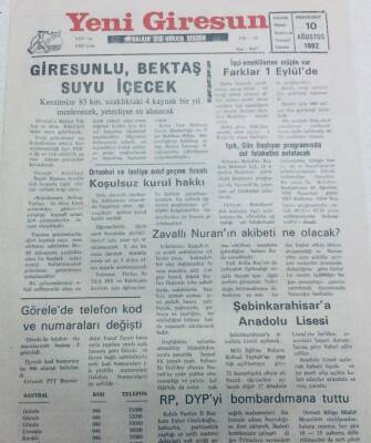 Yeni Giresun Gazetesi 10 Ağustos 1992 - Giresunlu Bektaş Suyu İçecek GZ40719 - 1