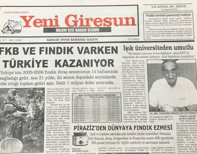 Yeni Giresun Gazetesi 10 Aralık 2005 Pirazizden Dünyaya Fındık Ezmesi GZ30315 - 1
