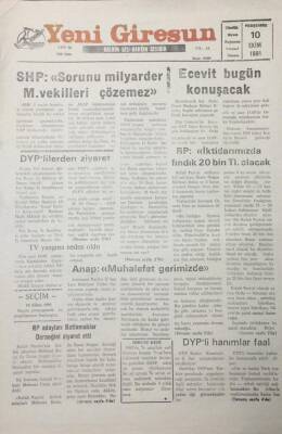 Yeni Giresun Gazetesi 10 Ekim 1991 RP İktidarımızda Fındık 20 Bin Tl Olacak GZ25631 - 1