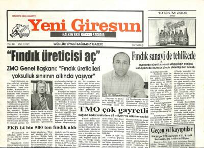 Yeni Giresun Gazetesi 10 Ekim 2006 - Fındık Üreticisi Aç GZ101928 - 1