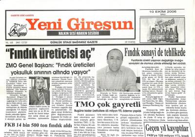 Yeni Giresun Gazetesi 10 Ekim 2006 - Fındık Üreticisi Aç GZ107917 - 1