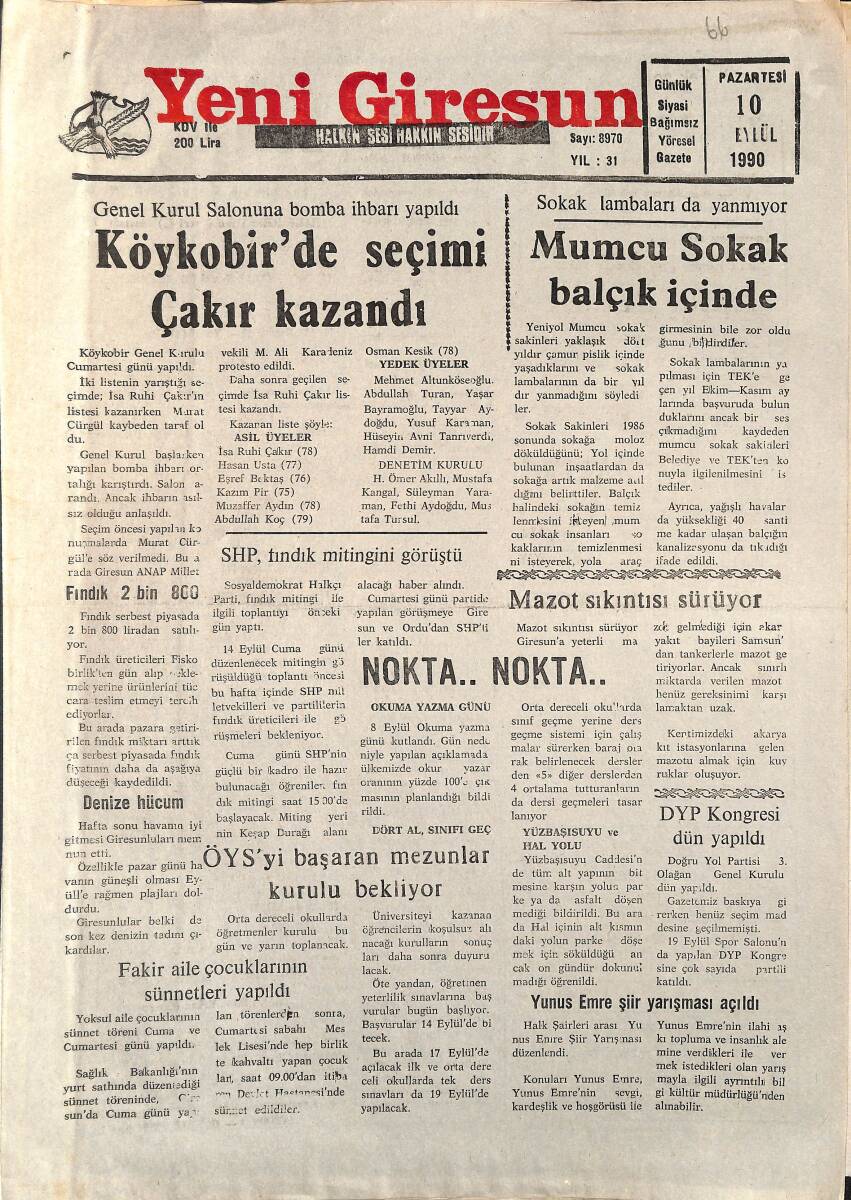 Yeni Giresun Gazetesi 10 Eylül 1990 - Köykobir'de Seçimi Çakır Kazandı - Bulancakspor Şaşırttı GZ2089 - 1