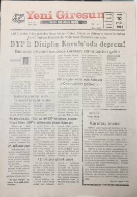 Yeni Giresun Gazetesi 10 Eylül 1993 DYP İl Disiplin Kurulunda Deprem GZ26021 - 1