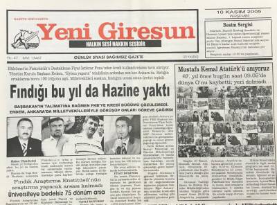 Yeni Giresun Gazetesi 10 Kasım 2005 Fındık Araştırma Enstitüsünün Araştırma Yapacak Arsası Kalmadı GZ30321 - 1