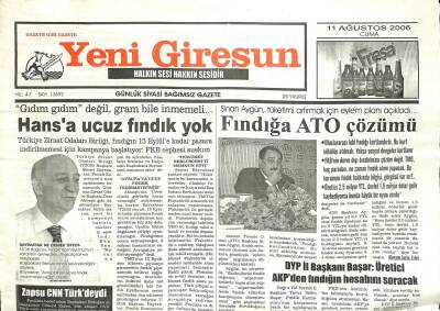 Yeni Giresun Gazetesi 11 Ağustos 2006 - Doğal Gazda Kriz GZ101898 - 1