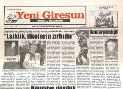 Yeni Giresun Gazetesi 11 Kasım 2006 - CHPli Kemal Anadol Giresunda GZ107943 - 1