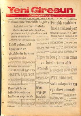 Yeni Giresun Gazetesi 11 Mart 1974 - Fındık Stokları Hızla Tükeniyor GZ108520 - 1