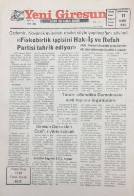 Yeni Giresun Gazetesi 11 Mart 1993 Giresun Dernekleri Özalı Ziyaret Edecek GZ25502 - 1