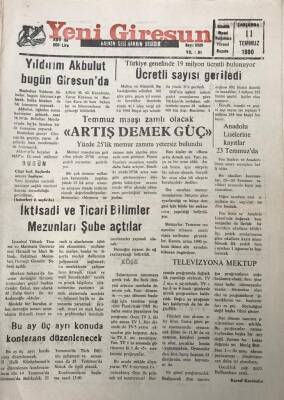 Yeni Giresun Gazetesi 11 Temmuz 1990 Türkiye Genelinde 19 milyon Ücretli Bulunuyor GZ30153 - 1