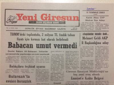Yeni Giresun Gazetesi 11 Temmuz 2003 - Ali Babacan Umut Vermedi GZ38228 - 1