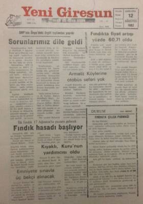 Yeni Giresun Gazetesi 12 Ağustos 1992 - Fındıkta Fiyat Artışı Yüzde 60,71 Oldu GZ32129 - 1
