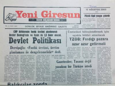 Yeni Giresun Gazetesi 12 Ağustos 2003 - Çamolukta Bal Festivali GZ41039 - 1
