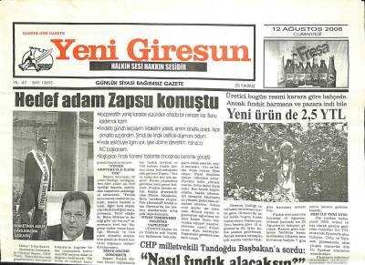 Yeni Giresun Gazetesi 12 Ağustos 2006 - Fındık-Sen Seferberlik İstedi GZ101896 - 2