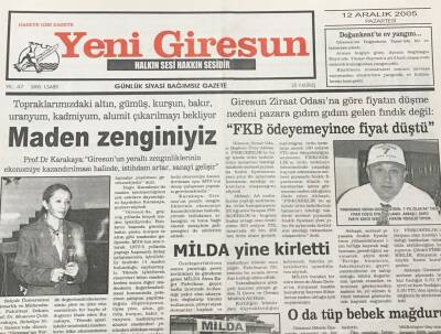 Yeni Giresun Gazetesi 12 Aralık 2005 Topraklarımızdaki Altın ,Gümüş, Kurşun, Bakır, Uranyum, Kadmiyum, Alumit Çıkarılmayı Bekliyor GZ30327 - 1