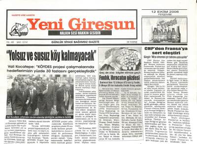 Yeni Giresun Gazetesi 12 Ekim 2006 - CHPden Fransaya Sert Eleştiri GZ107919 - 1